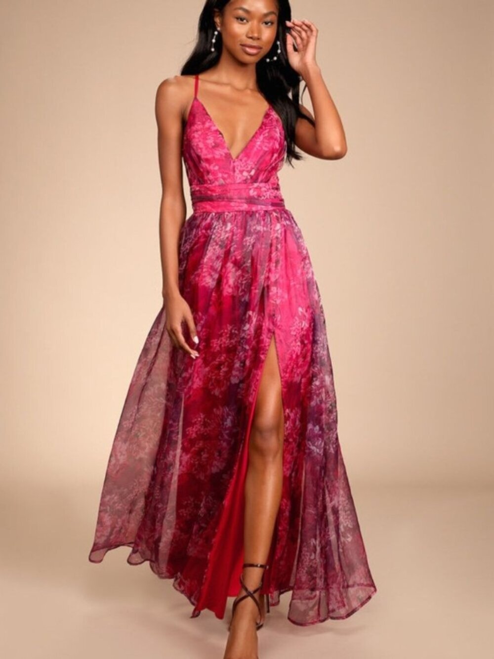NWT Lulus Romance That Wows Magenta Floral Print Organza Maxi Dress Size XL